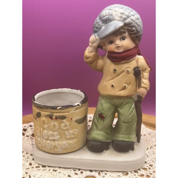 1979 Jasco Hand Painted Porcelain Tiny Tim God Bless Us Everyone Candle Holder - Picture 1 of 4